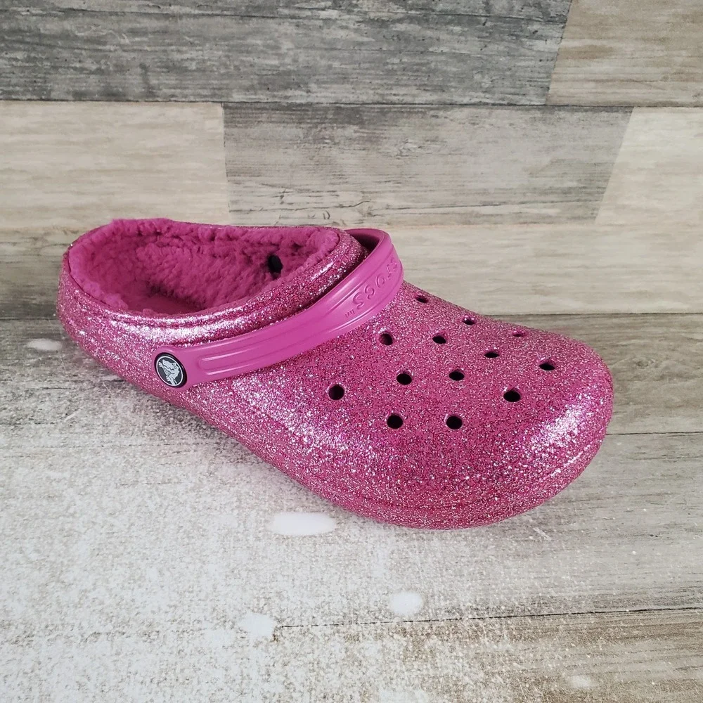 Crocs Classic Lined‎ Glitter Kids Clogs Sz 6 Fuchsia Fun Slingback Sandals